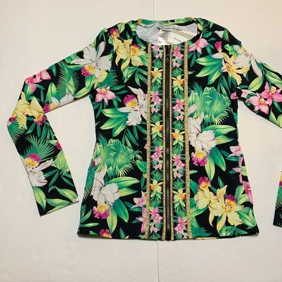 Tommy Bahama Orchid Garden Swim Rash Guard Top Full Zip Size XS UPF 50 NWT